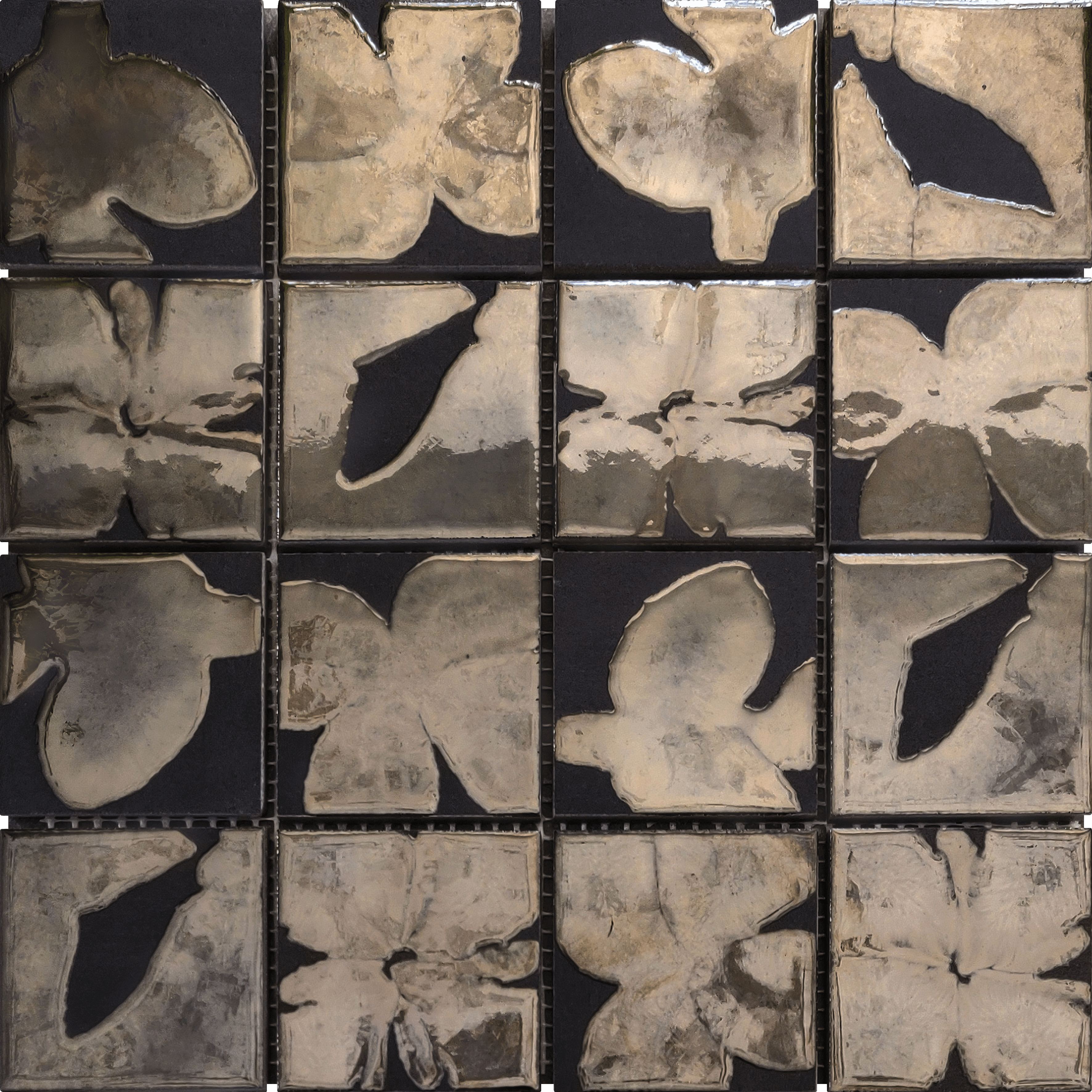 Bati Orient- CEMA04 Flowers Glazed Ceramic 20 Brown Mix Matte Shiny 3"x3" Black Mosaic 12"x12"