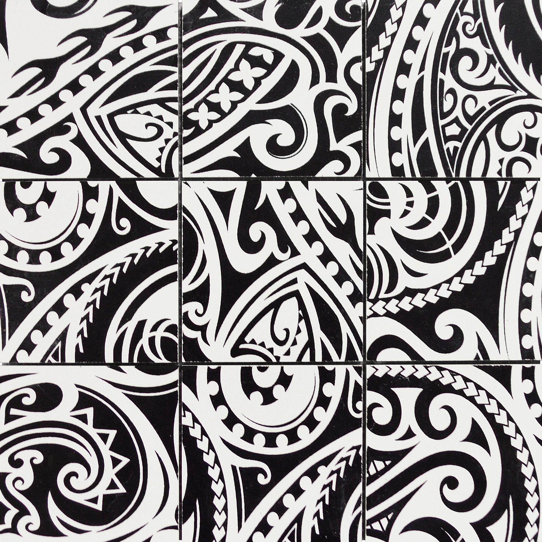 Bati Orient- CEMI53 4"x4" Maori Native Series Black & White Glazed Ceramic