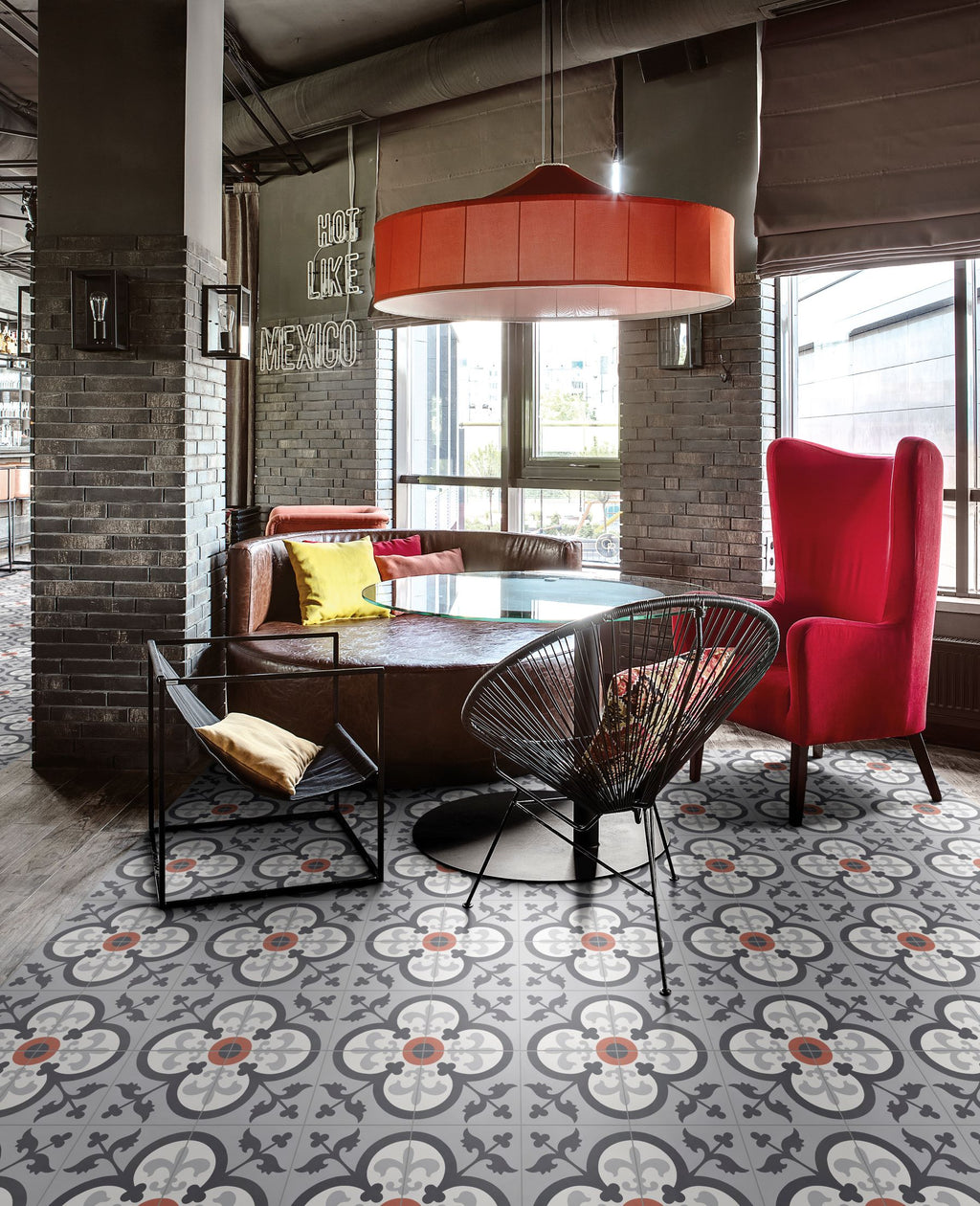 Bati Orient- CIMI67 Classic Antracite/Dark Grey & Off White Red Cement Tile 8"x8"