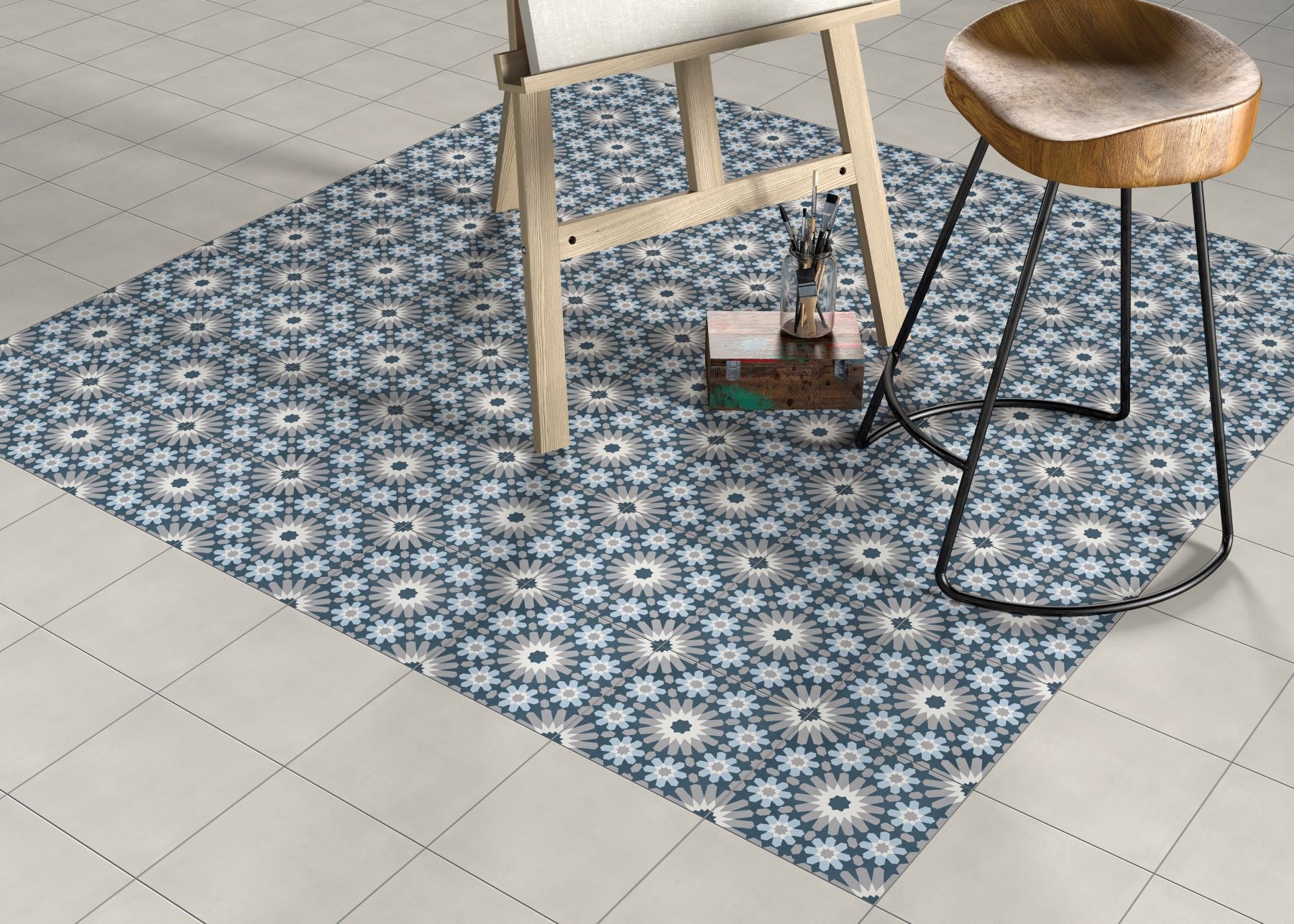 Bati Orient- CIMI73 Modern Dark Grey with Light Blue Flowers Cement Tile 8"x8"