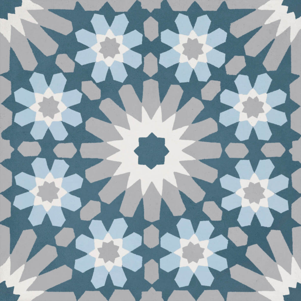 Bati Orient- CIMI73 Modern Dark Grey with Light Blue Flowers Cement Tile 8"x8"