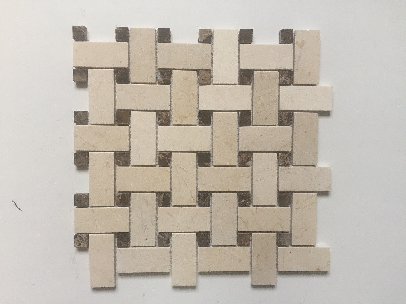 Procida Tile- Crema Marfil Basketweave With Dark Emperador Dot Polished