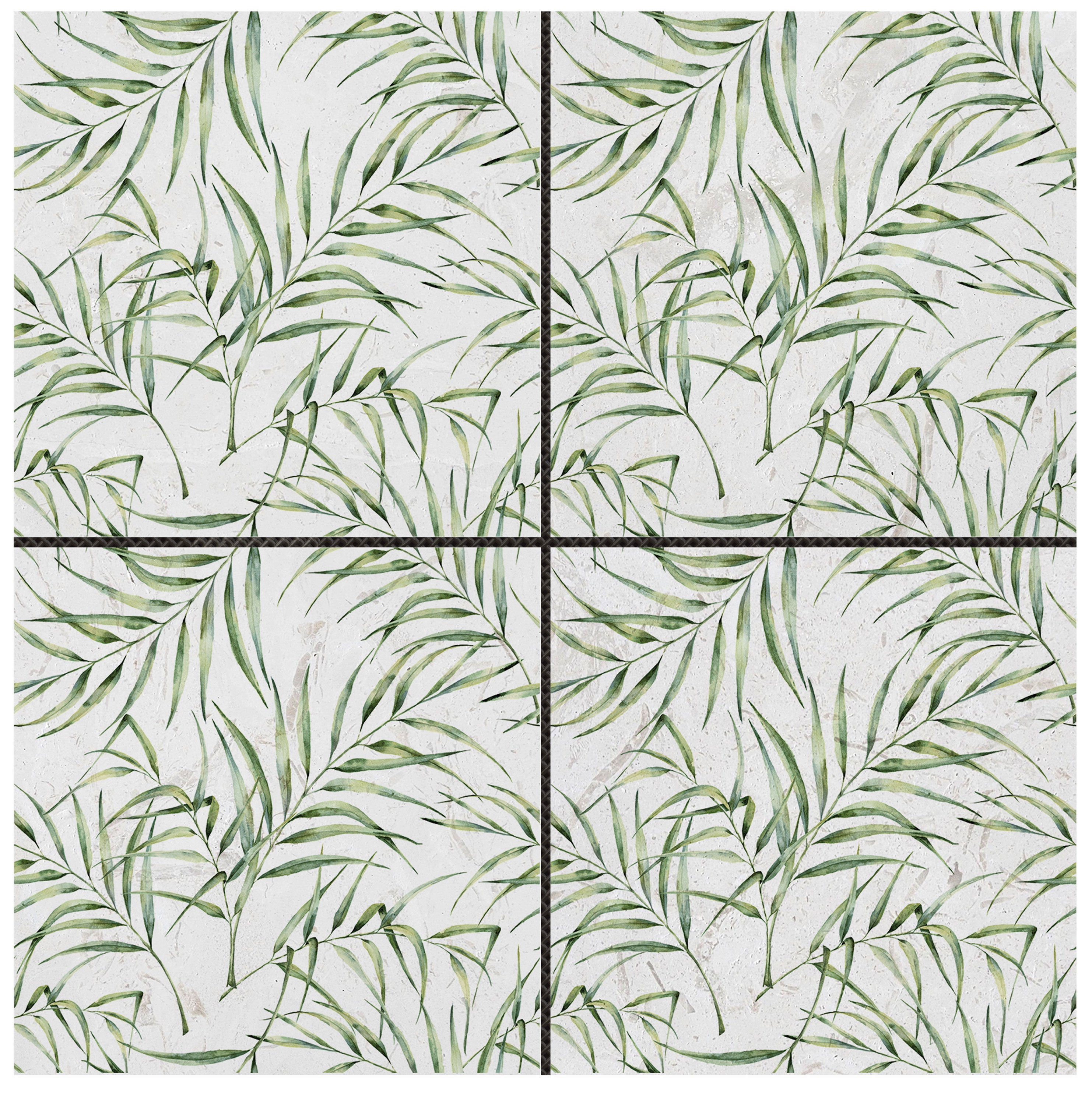 Bati Orient- MABE132 6"x6" Green Palm Leaf Printed Beige Marble