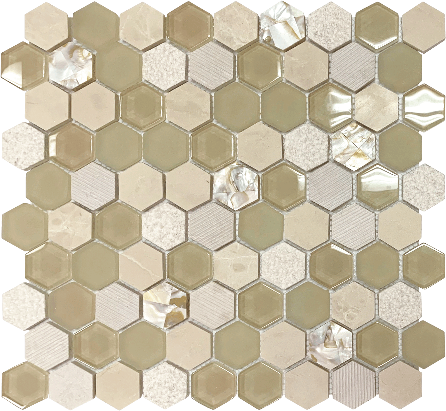 Bati Orient- MAMI174 Hexagon Glass/ Marble /Mother of Pearl Beige Mix Mosaic