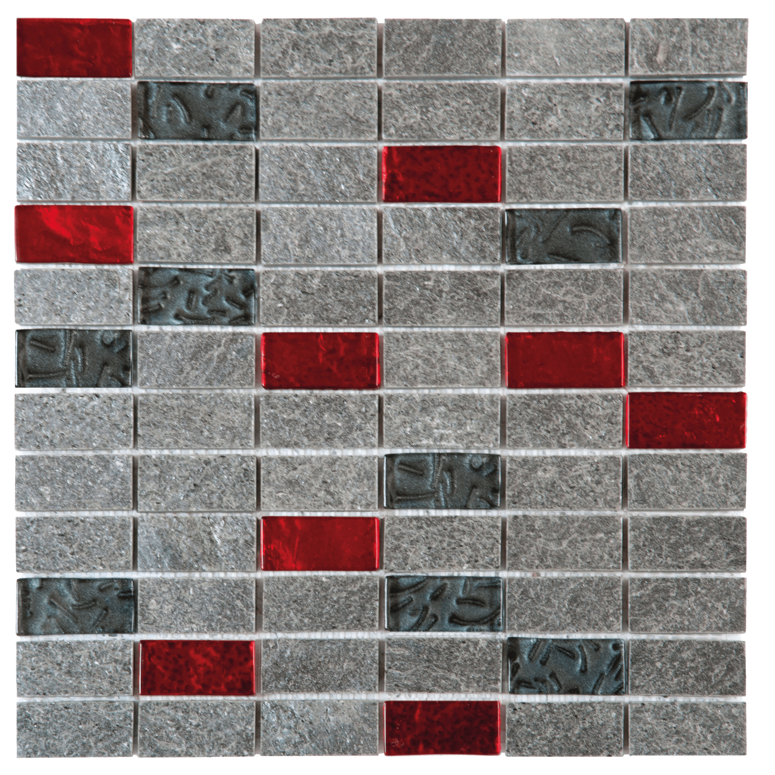 Bati Orient- QUMI12 Silver Grey Natural Quartzite Glass Red 1 x 2 Mosaic