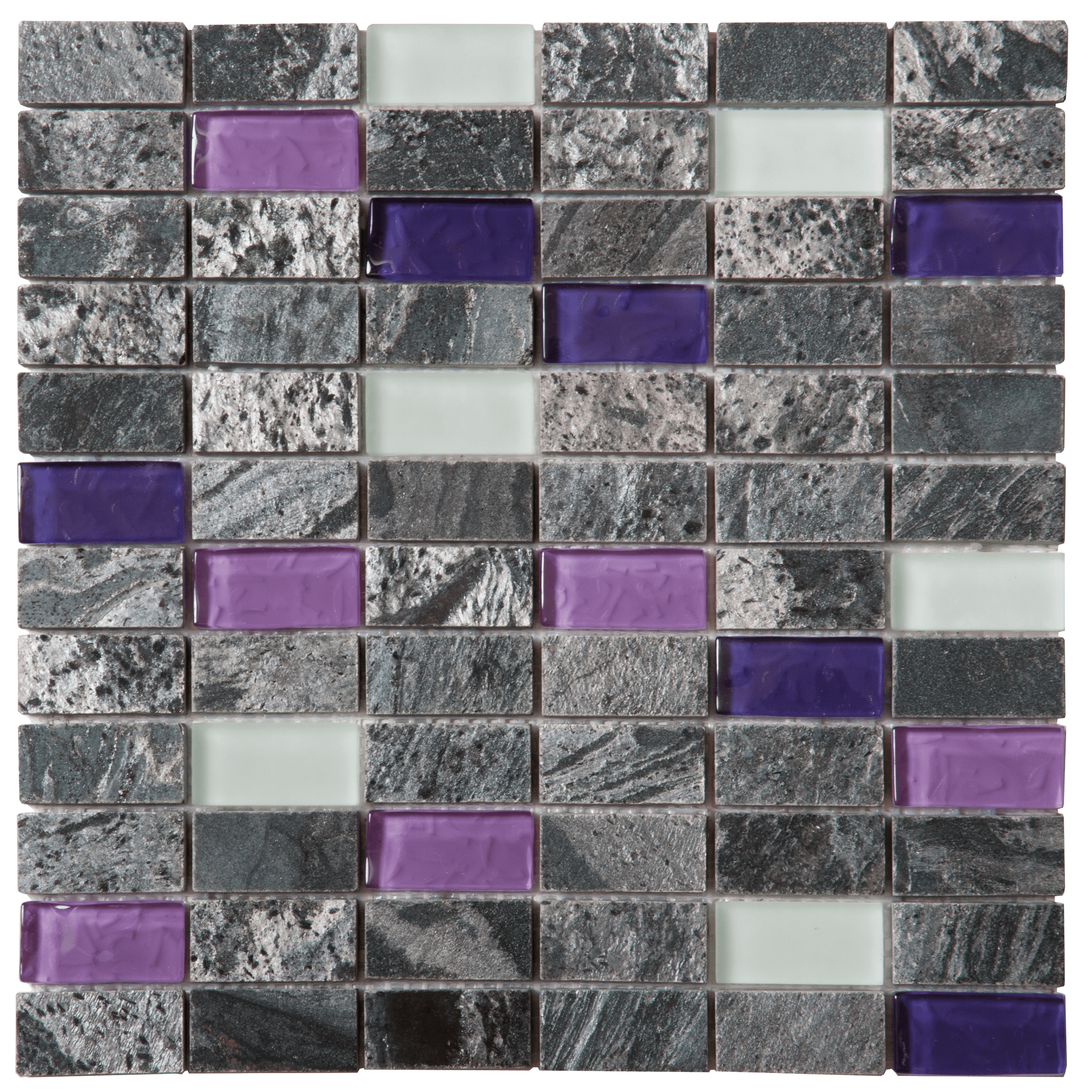 Bati Orient- QUMI13 Grey Polished Quartzite Purple & White Glass Mosaic 1 x 2 in 12"x12"