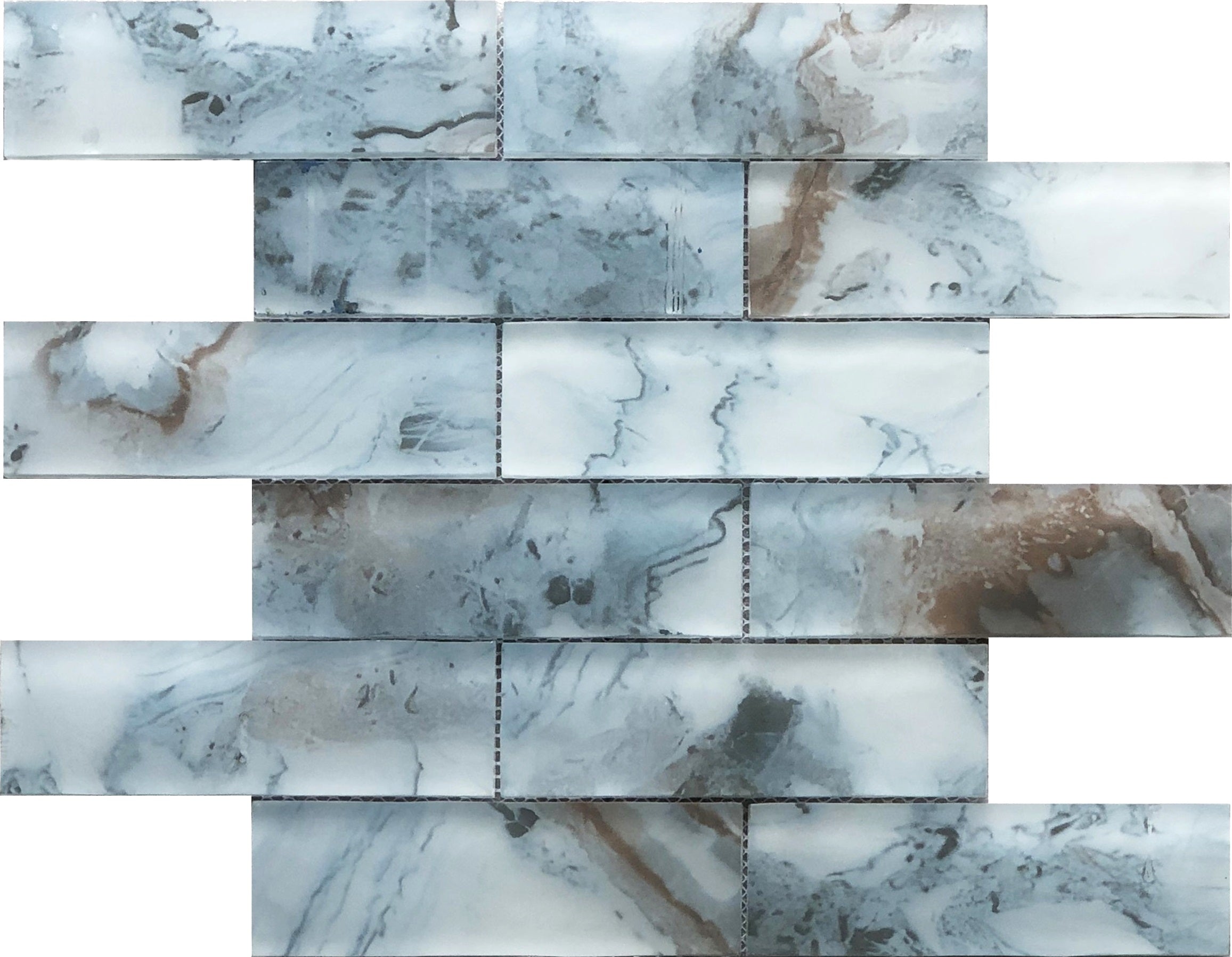 Bati Orient- VEMI170 Beige Blue Mix Frosted Glass Brick 2"x6" Mosaic
